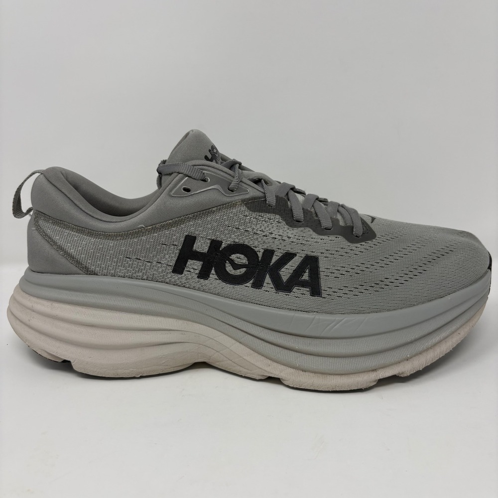 Hoka Bondi 8 Mens Size 9.5 Grey White Athletic Running Shoes (1123202 SHMS) - Picture 1 of 8